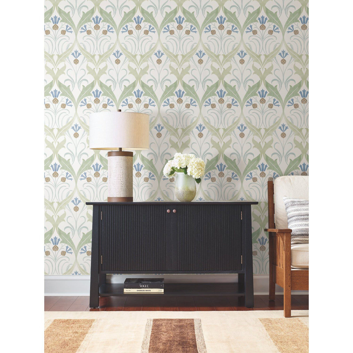 Pine Cone Ribbon Green & Blue Metallic Wallpaper with Arts and Crafts Botanical Motif - York AC9173