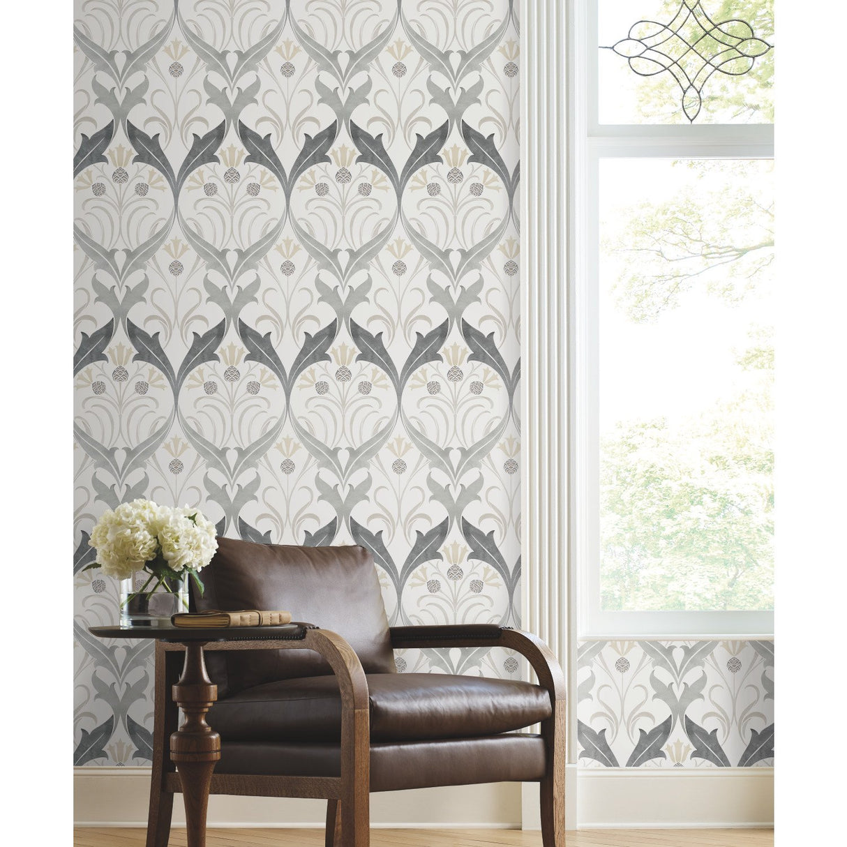 Pine Cone Ribbon Charcoal Metallic Wallpaper with Arts and Crafts Floral Motif - York AC9174