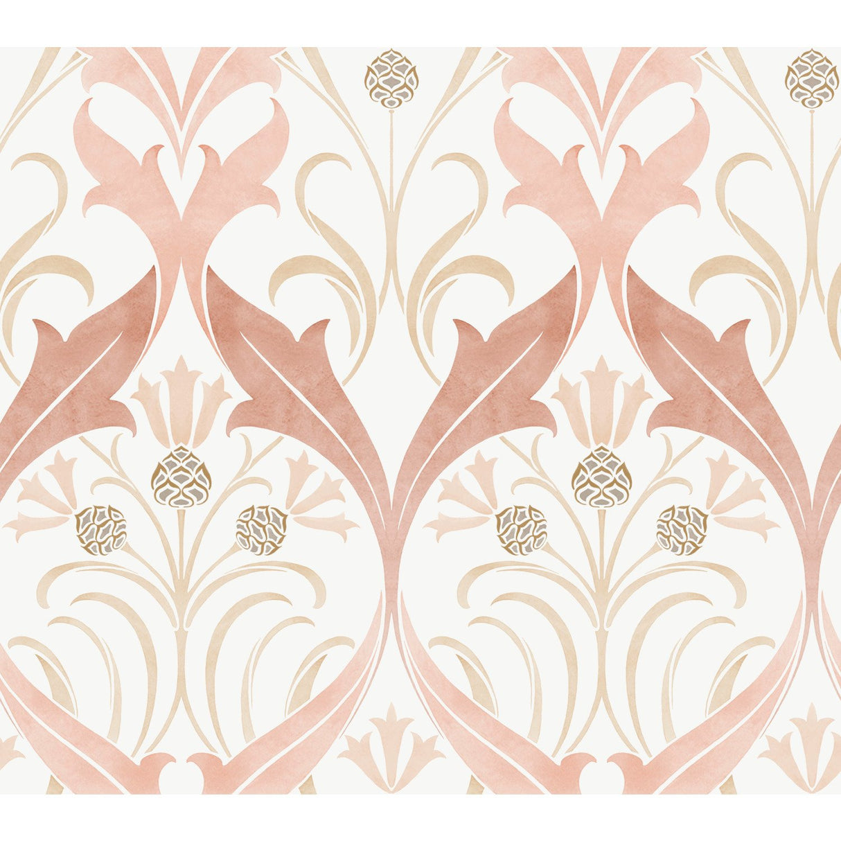 Pine Cone Ribbon Blush Wallpaper with Arts & Crafts Floral Motif - York AC9175