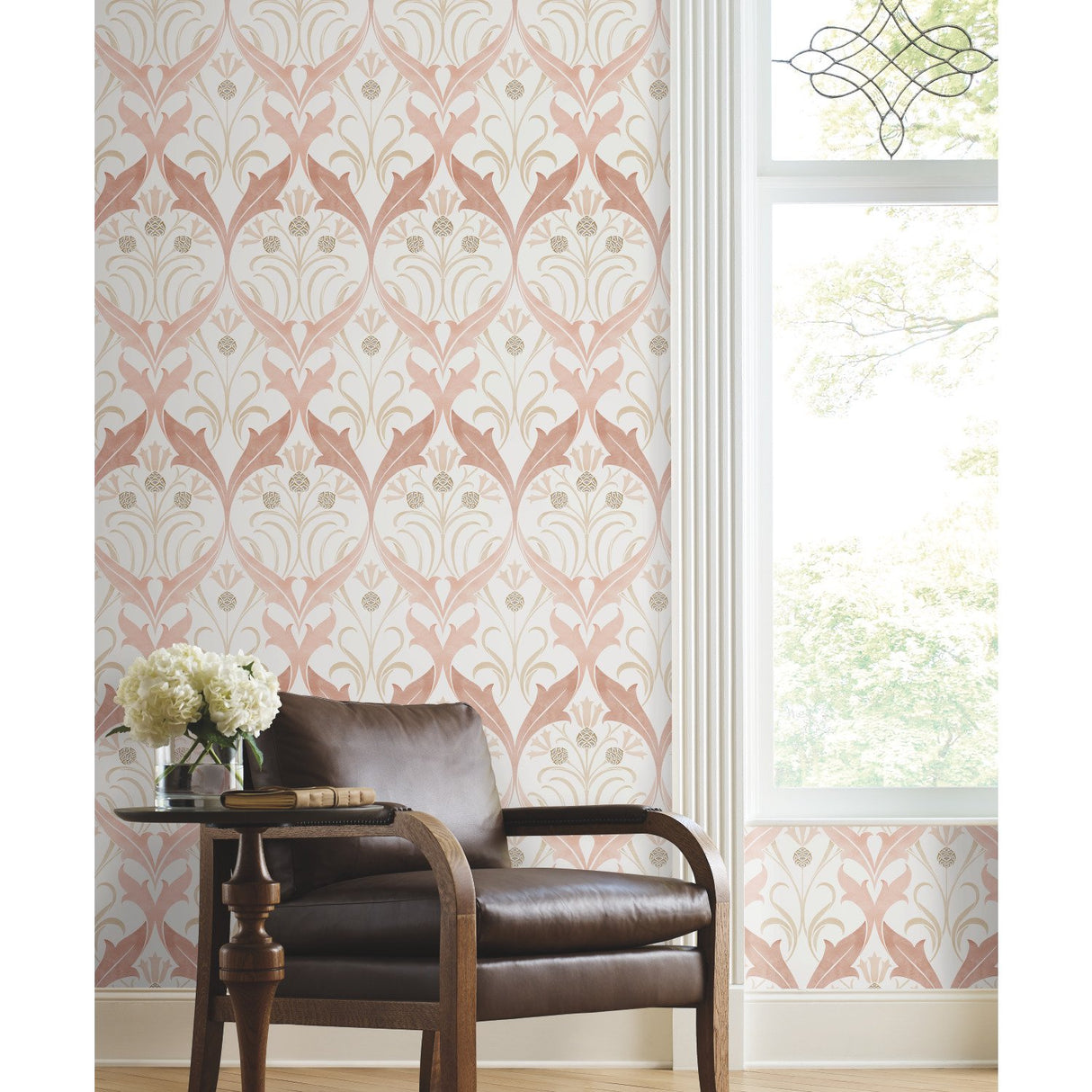 Pine Cone Ribbon Blush Wallpaper with Arts & Crafts Floral Motif - York AC9175