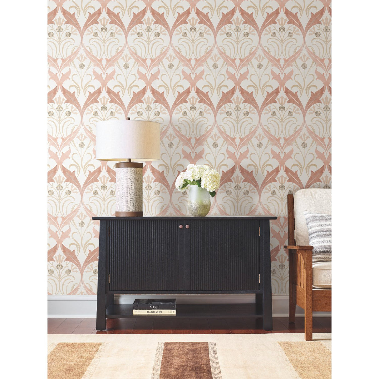 Pine Cone Ribbon Blush Wallpaper with Arts & Crafts Floral Motif - York AC9175