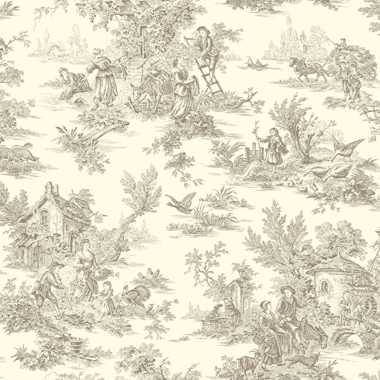 Champagne Brown & White Toile Prepasted Wallpaper - York AF2015