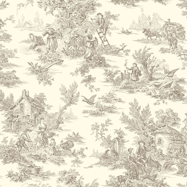 Champagne Brown & White Toile Prepasted Wallpaper - York AF2015