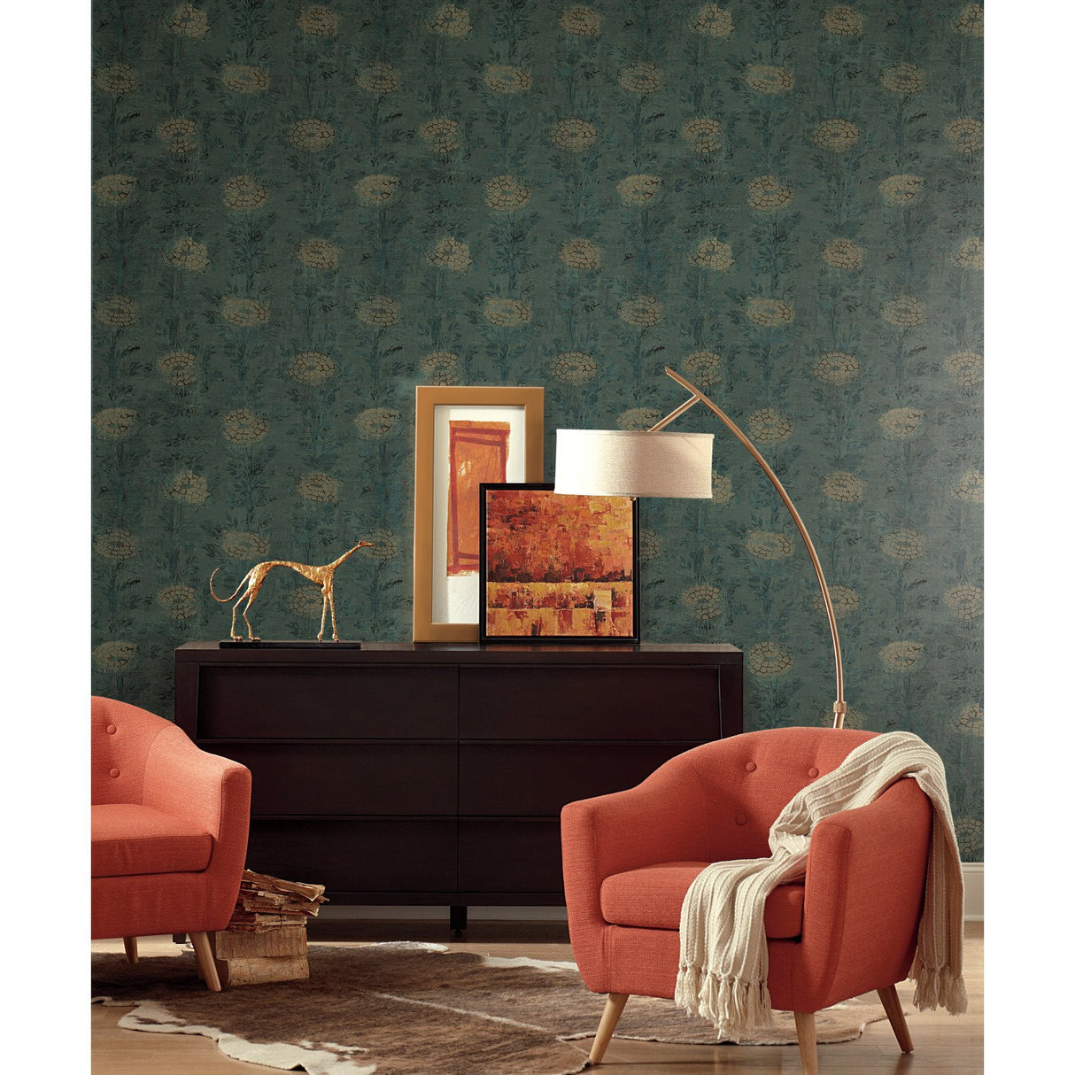 French Marigold Teal Green & Gold Wallpaper with Metallic Floral Motif, Eclectic Style - York AF6519