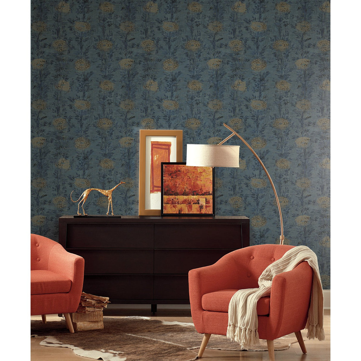 French Marigold Denim & Gold Wallpaper with Metallic Floral Motif - York AF6520