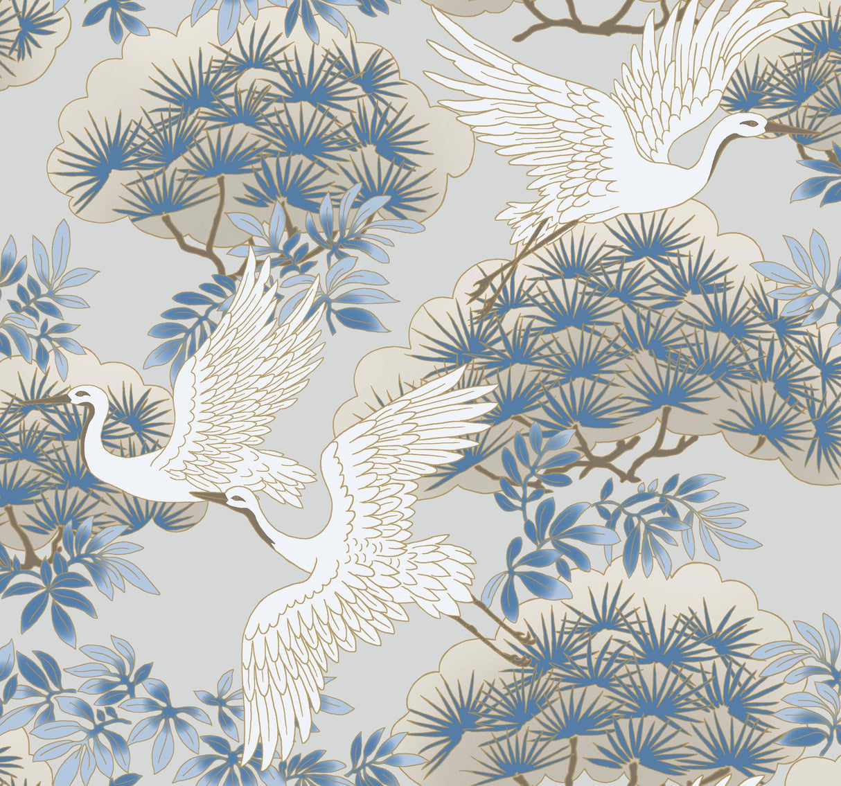 Sprig & Heron Light Blue Wallpaper with Metallic Botanical Bird Motif - York AF6591