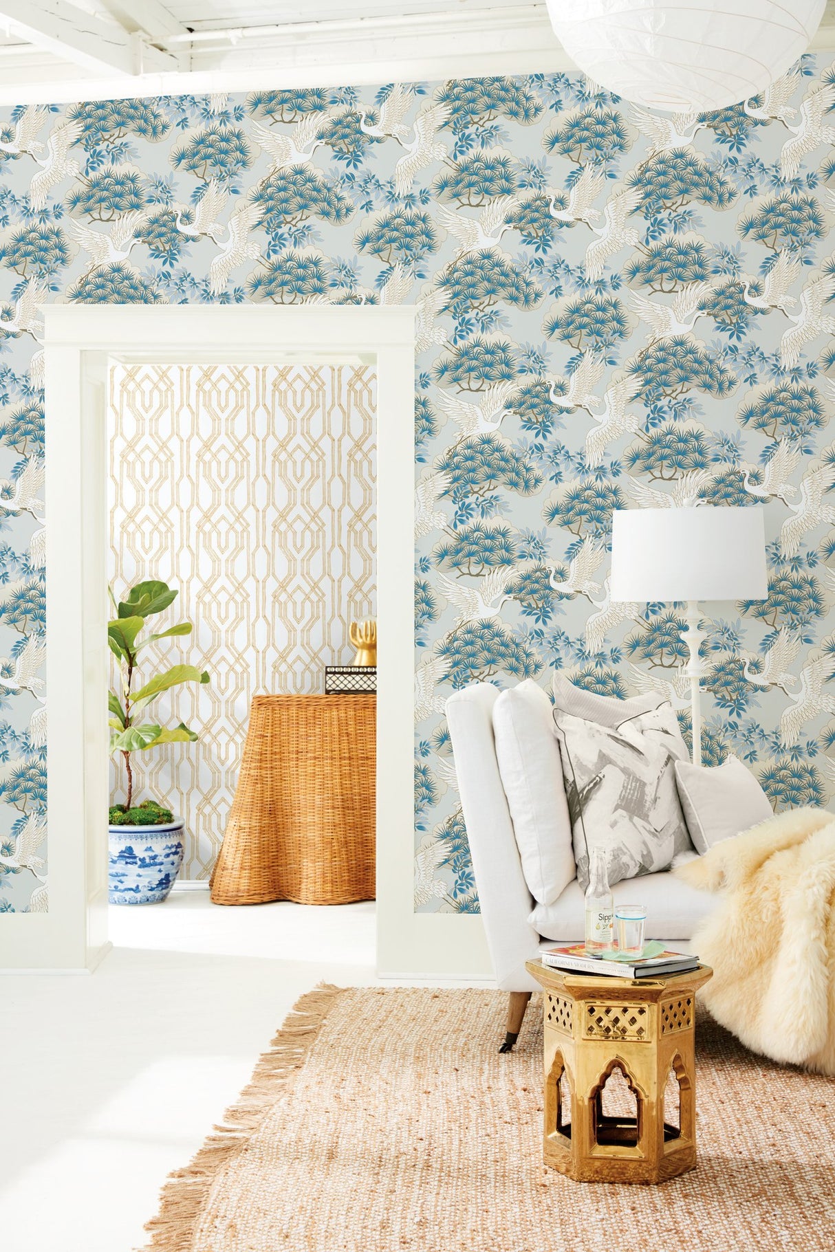 Sprig & Heron Light Blue Wallpaper with Metallic Botanical Bird Motif - York AF6591