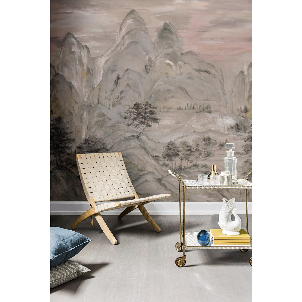 Misty Mountain Taupe Wall Mural with Traditional Landscape Pattern - York AF6597M