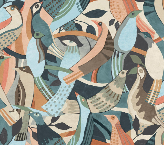 Fauvist Flock Coral & Aqua Wallpaper with Abstract Birds Motif - York AG2016