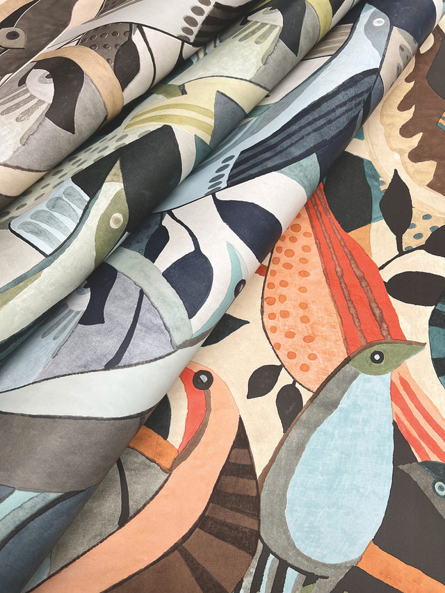 Fauvist Flock Coral & Aqua Wallpaper with Abstract Birds Motif - York AG2016