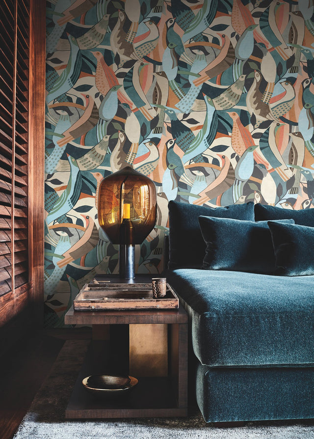 Fauvist Flock Coral & Aqua Wallpaper with Abstract Birds Motif - York AG2016