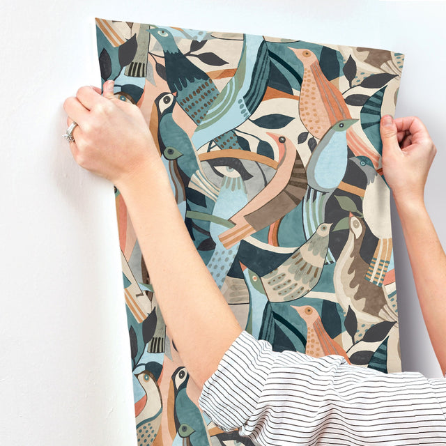 Fauvist Flock Coral & Aqua Wallpaper with Abstract Birds Motif - York AG2016