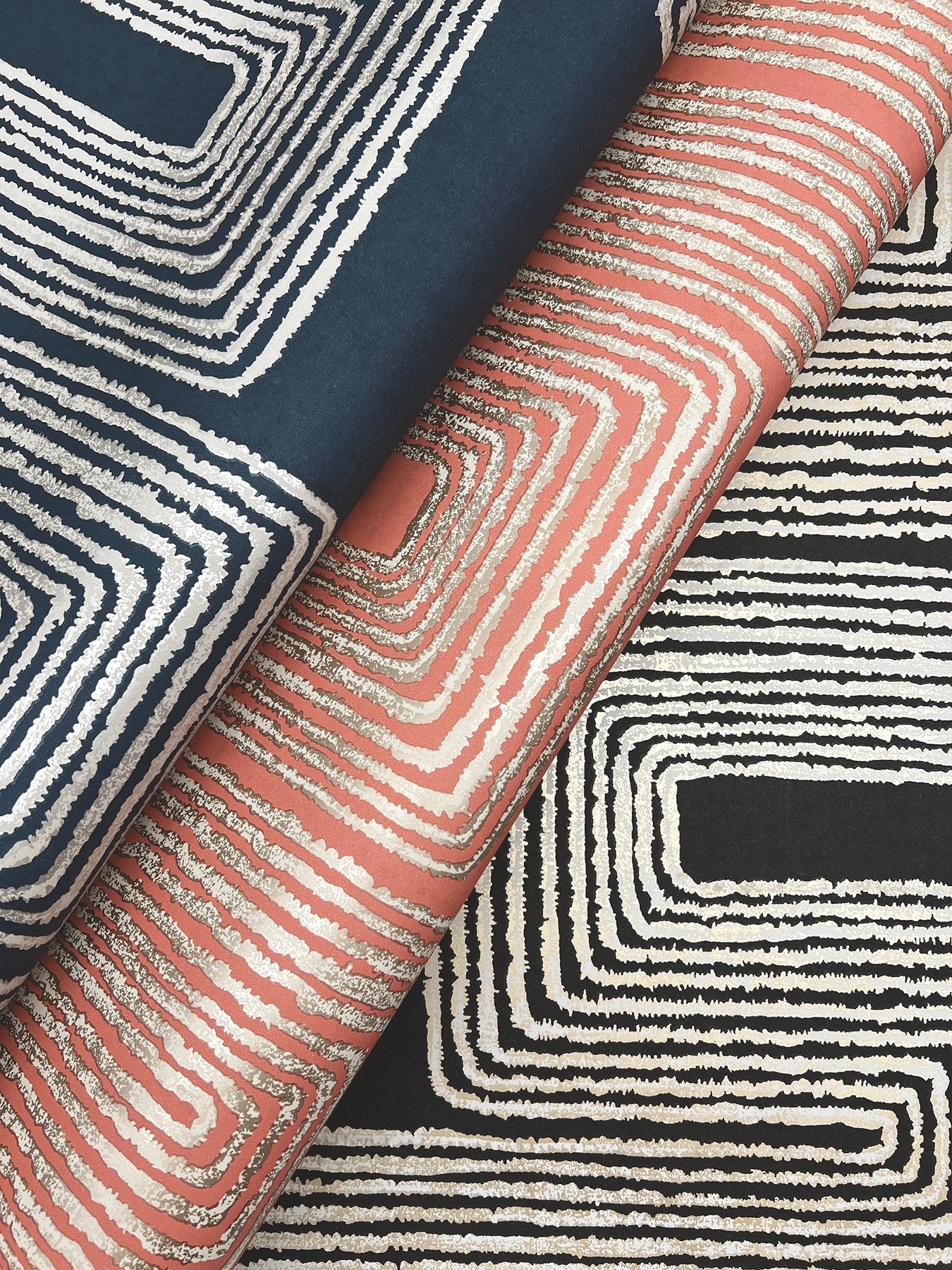 Zulu Thread Coral & Glint Wallpaper with Metallic Bohemian Geometric Pattern - York AG2031