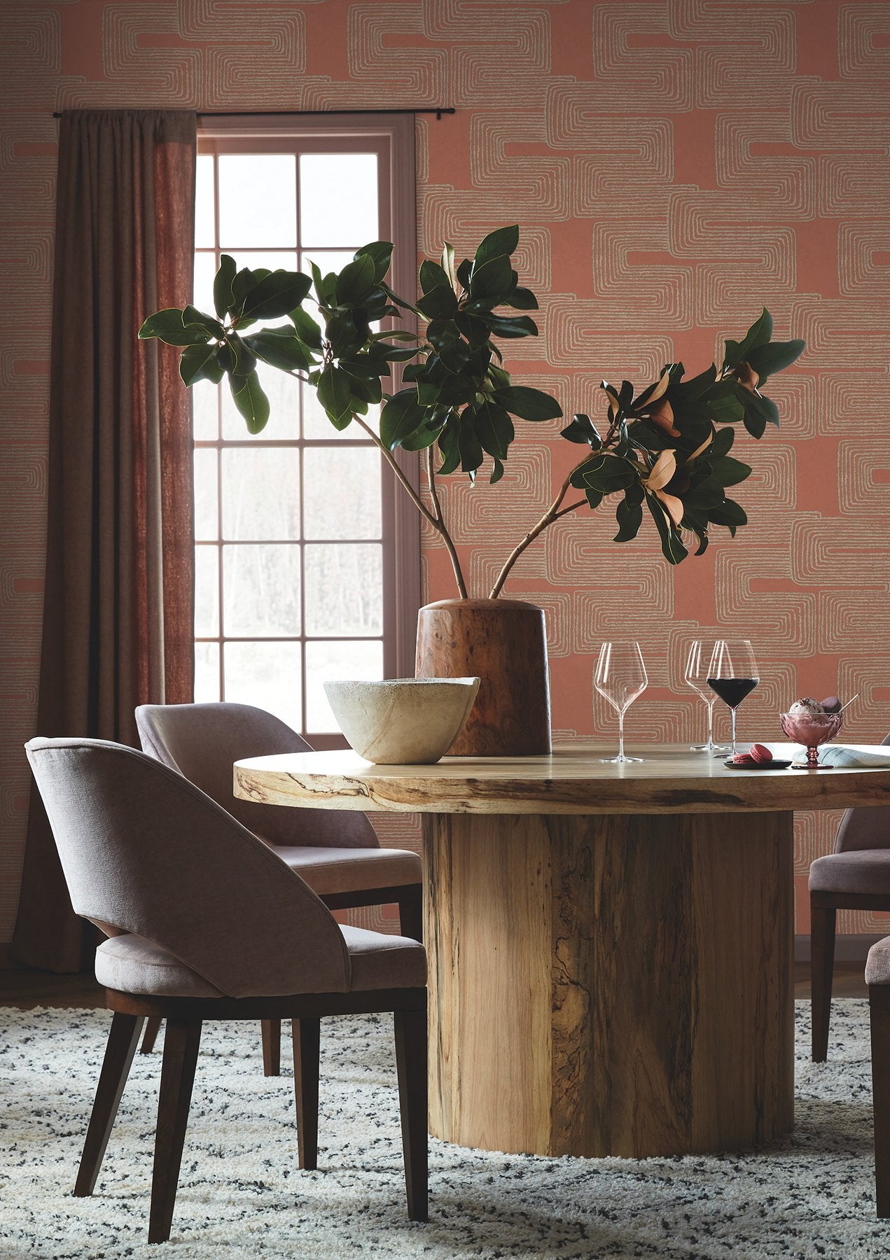 Zulu Thread Coral & Glint Wallpaper with Metallic Bohemian Geometric Pattern - York AG2031