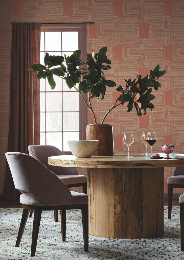 Zulu Thread Coral & Glint Wallpaper with Metallic Bohemian Geometric Pattern - York AG2031