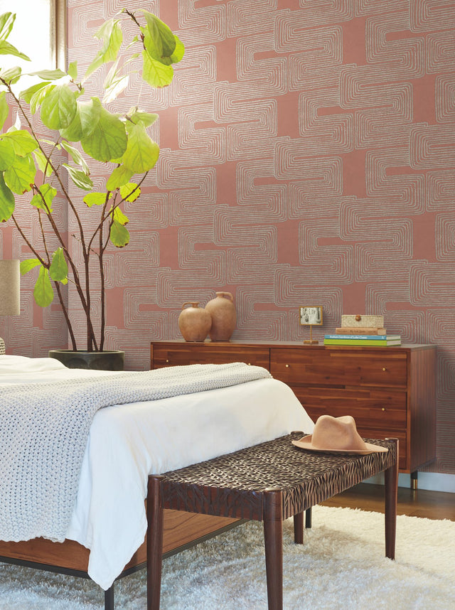 Zulu Thread Coral & Glint Wallpaper with Metallic Bohemian Geometric Pattern - York AG2031
