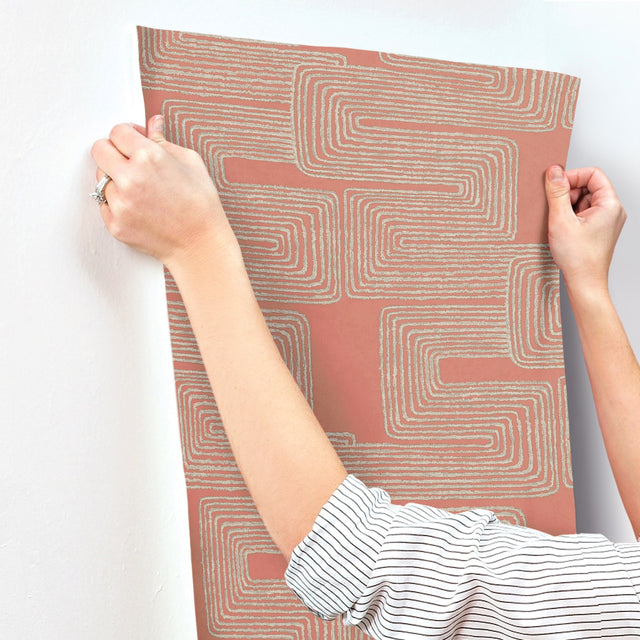 Zulu Thread Coral & Glint Wallpaper with Metallic Bohemian Geometric Pattern - York AG2031