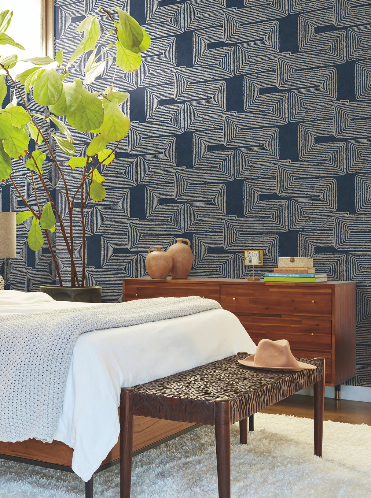 Zulu Thread Midnight & Silver Wallpaper with Bohemian Metallic Abstract Pattern - York AG2033