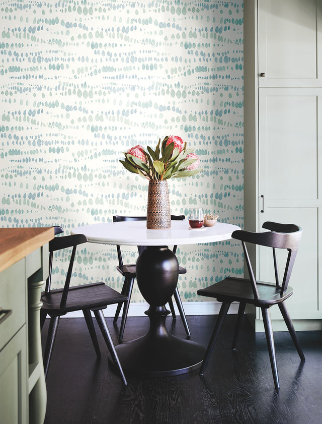 Dewdrops Blue Wallpaper with Bohemian Modern Watercolor Motif - York AG2045