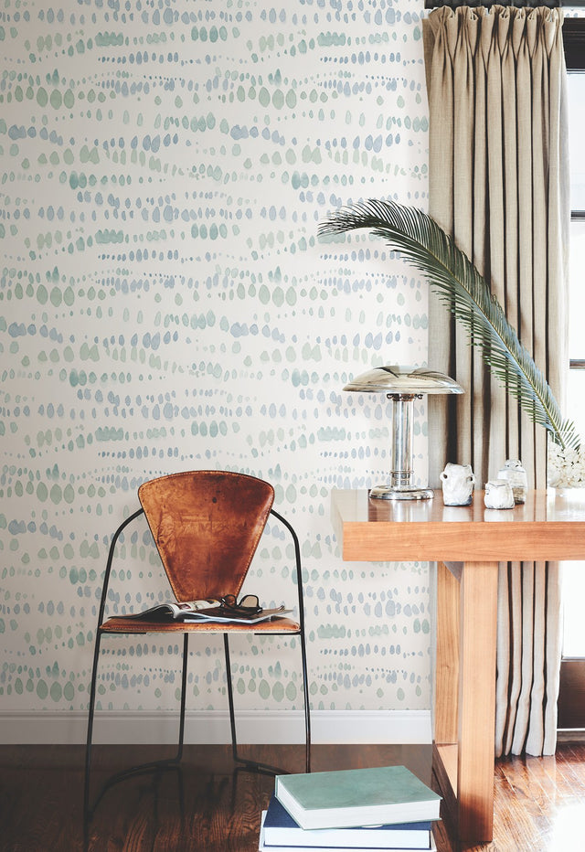 Dewdrops Blue Wallpaper with Bohemian Modern Watercolor Motif - York AG2045
