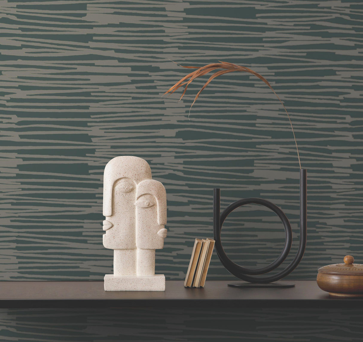 Water Reed Thatch Forest & Silver Wallpaper with Metallic Modern Bohemian Stripe Texture - York AG2094