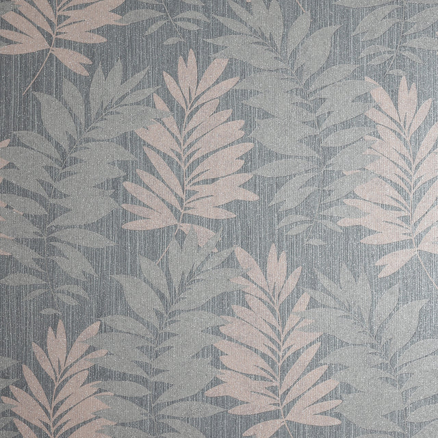 Bernis Slate Palm Leaf Wallpaper with charcoal and rose-gold fronds on a dark grey background