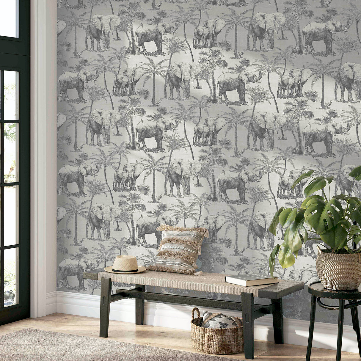 Adelia Neutral by Arthouse Elephant Grove Wallpaper – Brewster AH296700