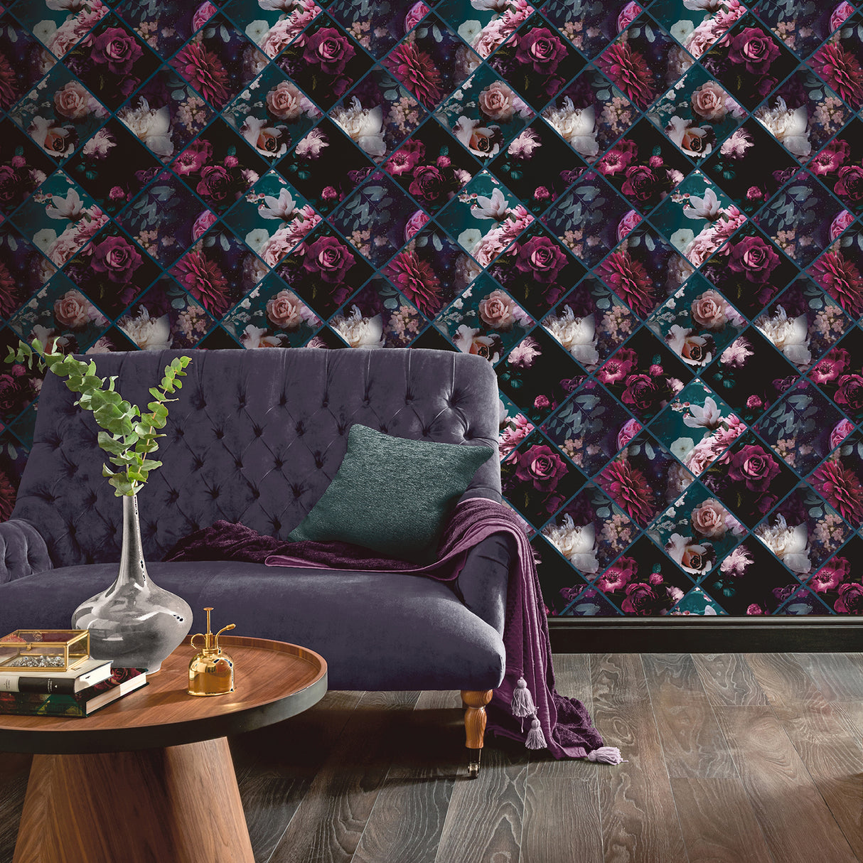 Gianna Purple by Arthouse Floral Squares Wallpaper – Brewster Home Fashions AH297100