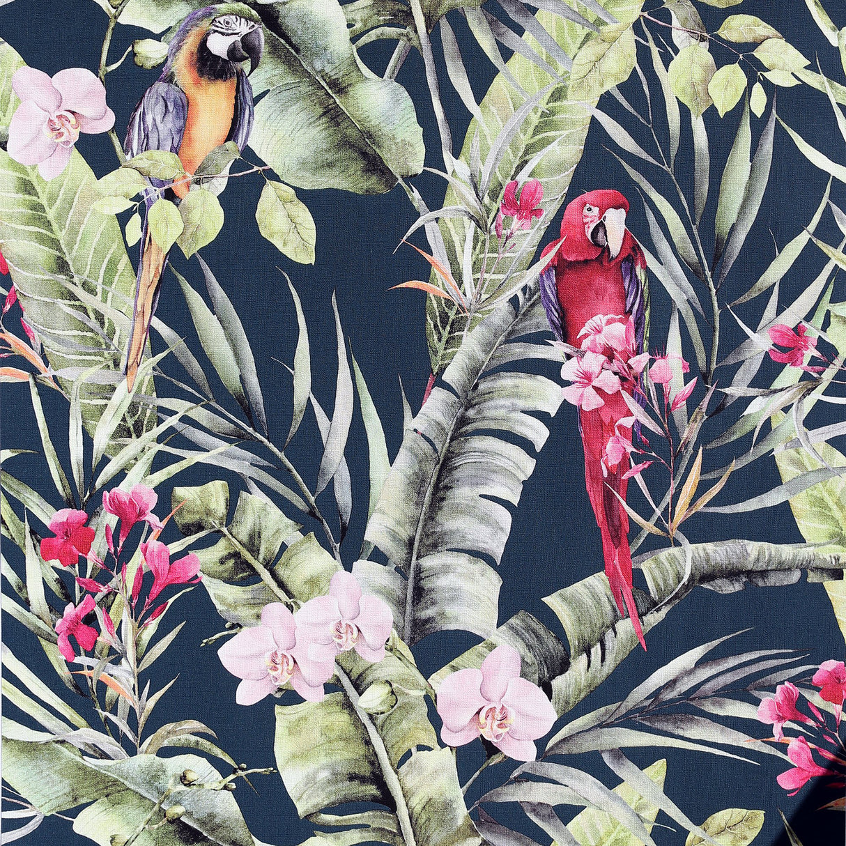 Rudy Navy Pretty Polly tropical parrots wallpaper in navy with palms and orchids
