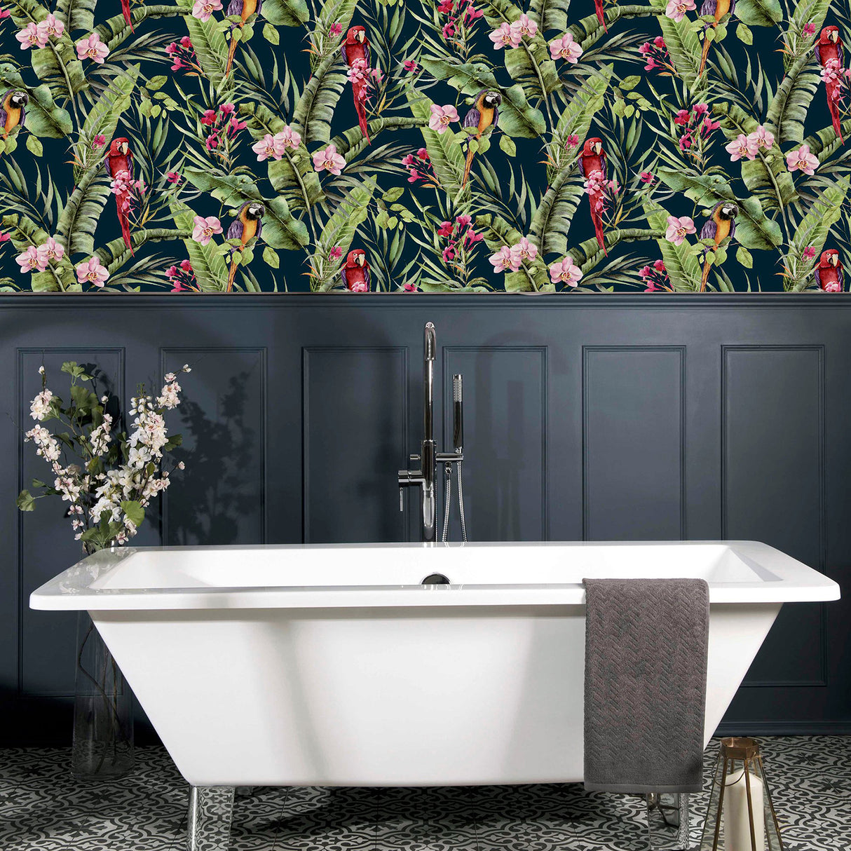Rudy Navy Pretty Polly by Arthouse Tropical Birds Wallpaper- Brewster AH297106