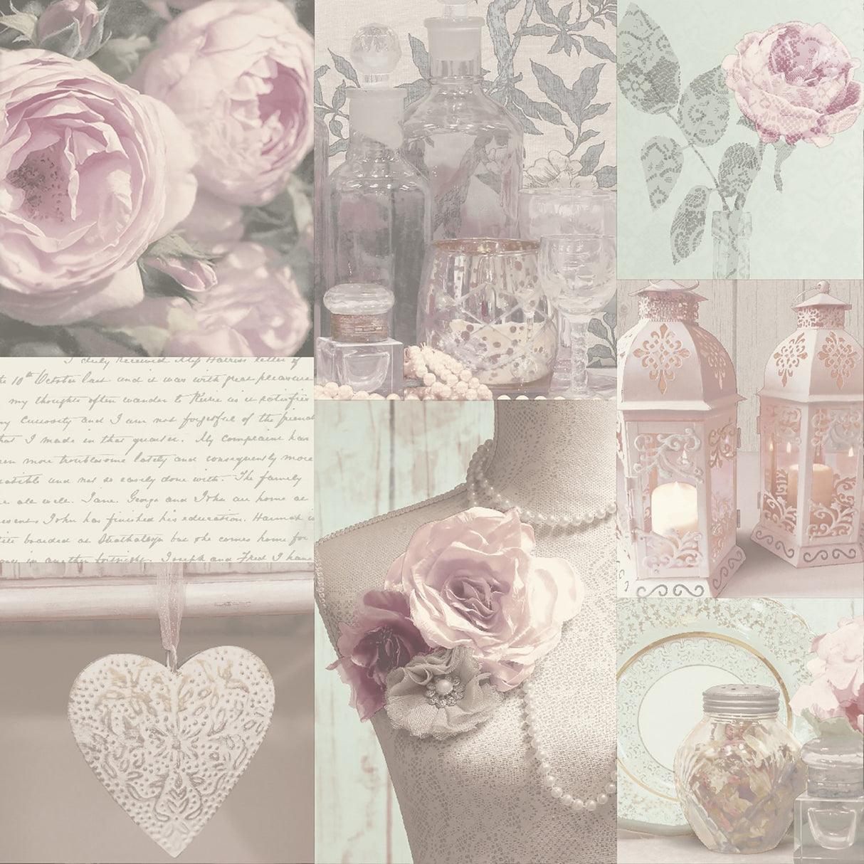 Irene Blush Charlotte College wallpaper by Arthouse – romantic collage of roses, lace, lanterns, and glassware in soft pink tones