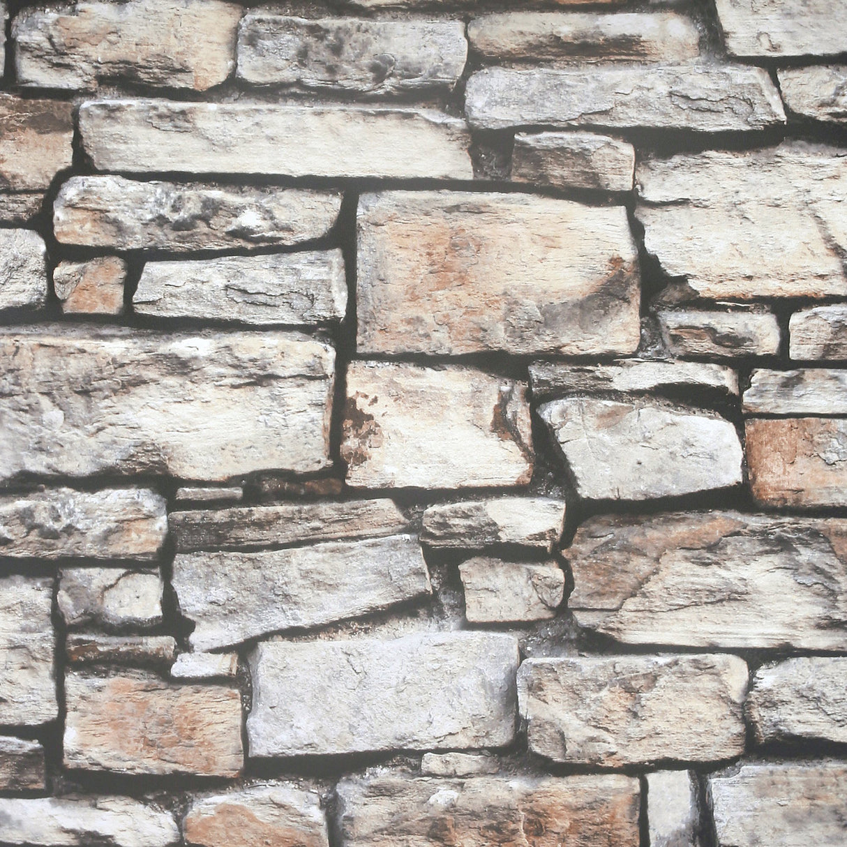 Norman Neutral Stone wallpaper roll showing realistic stacked stone design in greys and tans