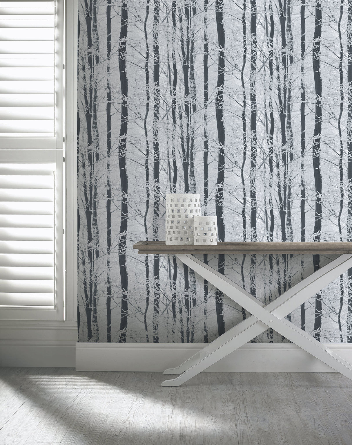 Frosted Winter Grove Silver by Arthouse Photorealistic Trees Wallpaper- Brewster Home Fashions AH670200