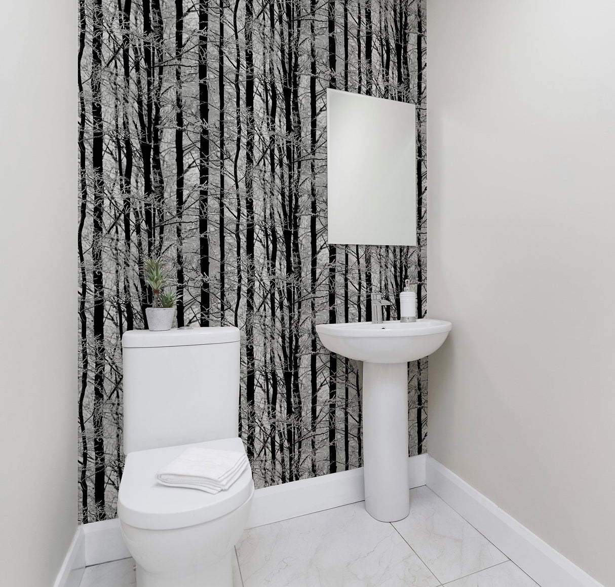 Frosted Winter Grove Silver by Arthouse Photorealistic Trees Wallpaper- Brewster Home Fashions AH670200