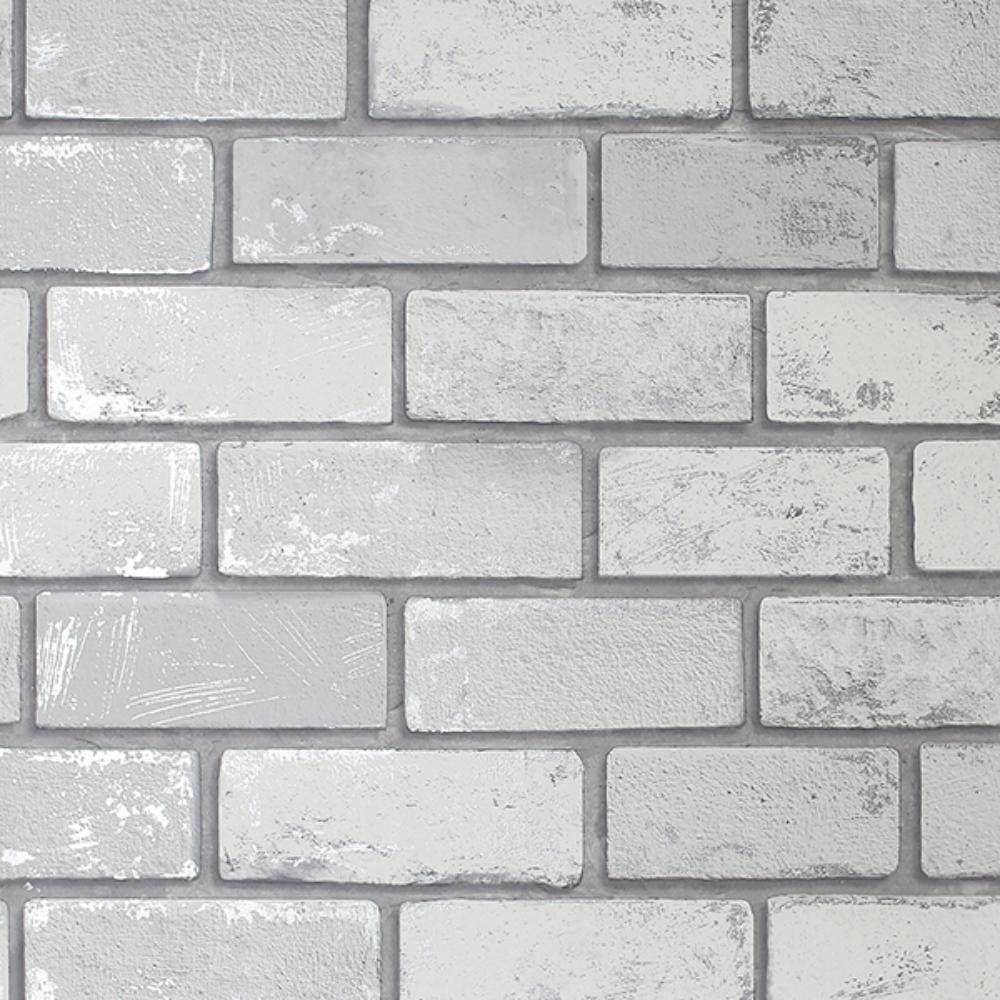 Myron Dove Metallic Brick Wallpaper roll in pale grey and white with subtle silver highlights