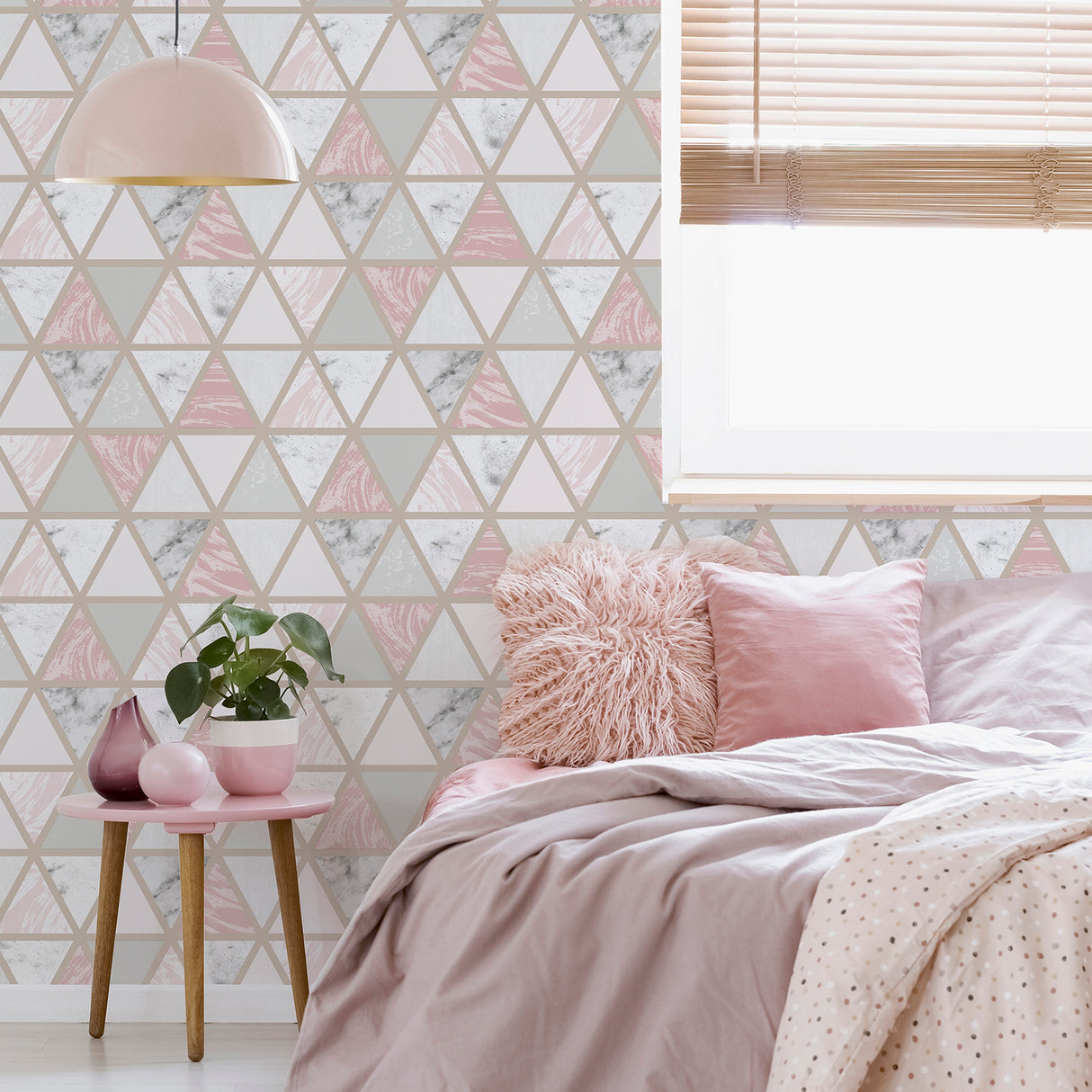 Marcy Pink by Arthouse Triangle Grid Wallpaper – Brewster Home Fashions AH692205