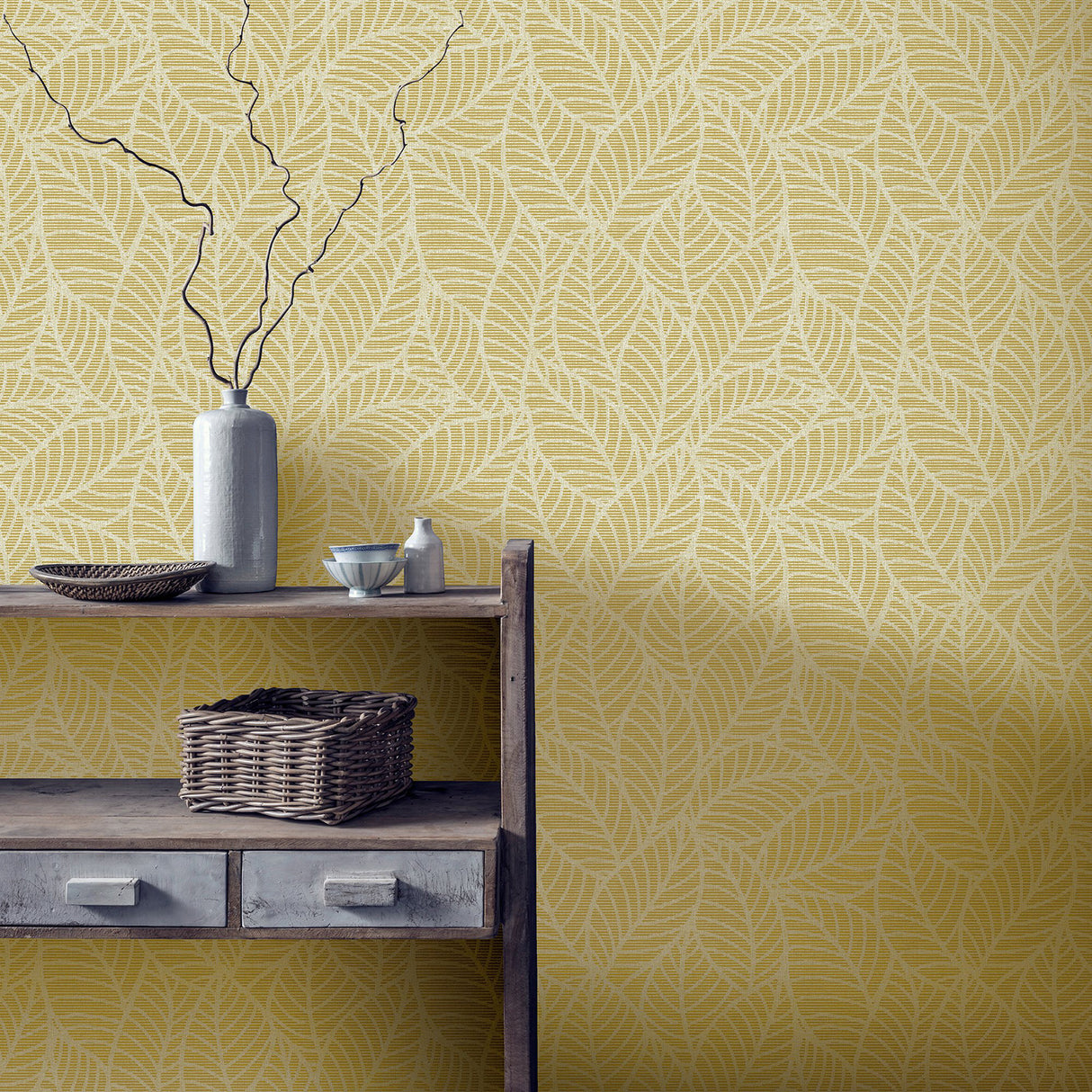 Mavis Mustard by Arthouse Leaf Wallpaper- Brewster Home Fashions AH692506