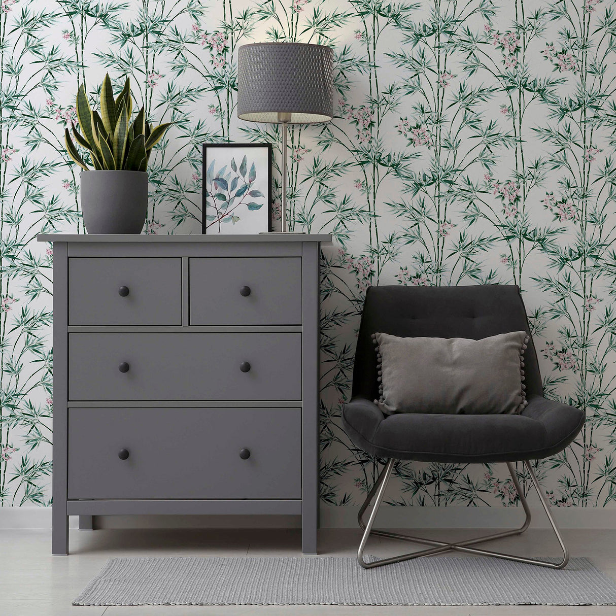 Ayumi White Glitter Bamboo by Arthouse Whimsical Botanical Bamboo and Delicate Pink Floral Wallpaper with Shimmer Glitter Finish - AH692509