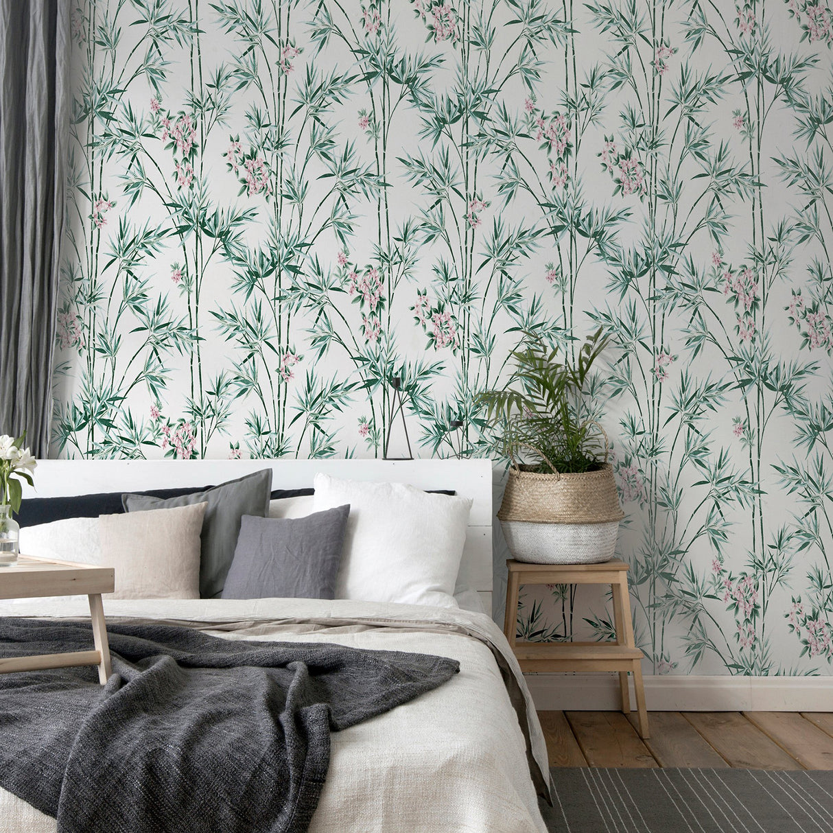 Ayumi White Glitter Bamboo by Arthouse Whimsical Botanical Bamboo and Delicate Pink Floral Wallpaper with Shimmer Glitter Finish - AH692509