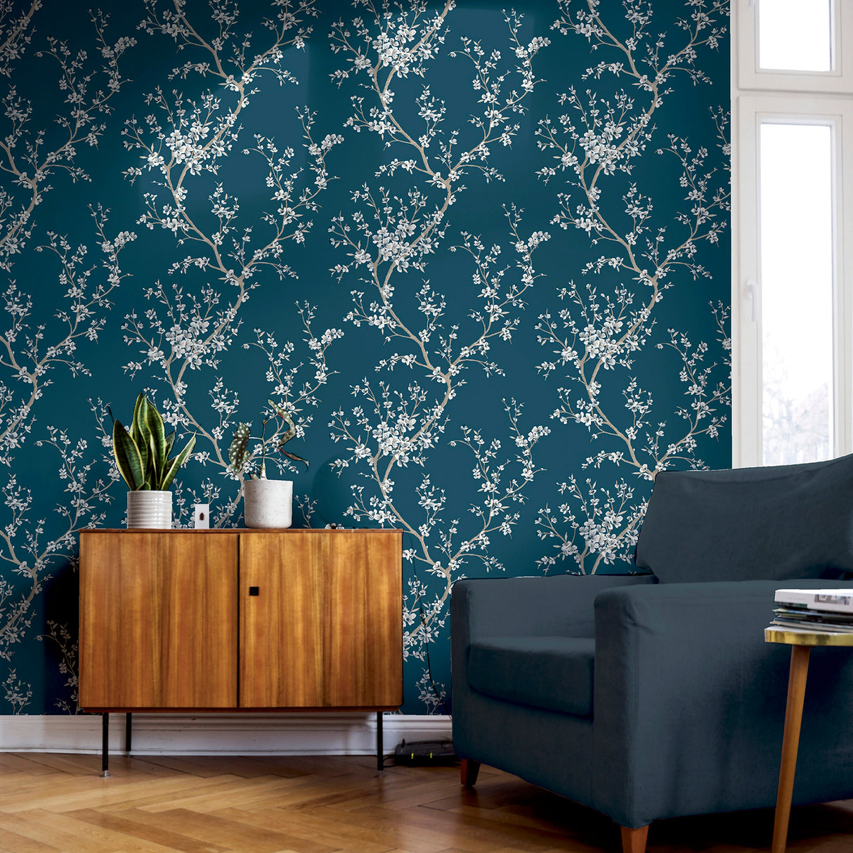 Kaia Blue by Arthouse Flowering Tree Wallpaper – Brewster Home Fashions AH692805