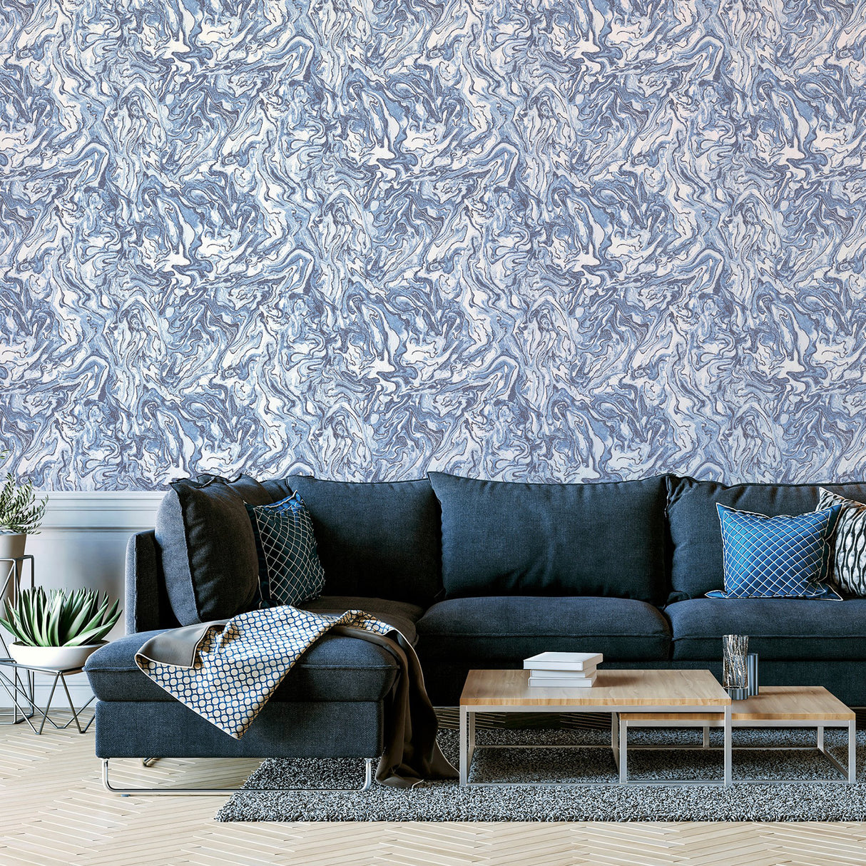 Osgood Navy by Arthouse Marbled Wallpaper – Brewster Home Fashions AH693902