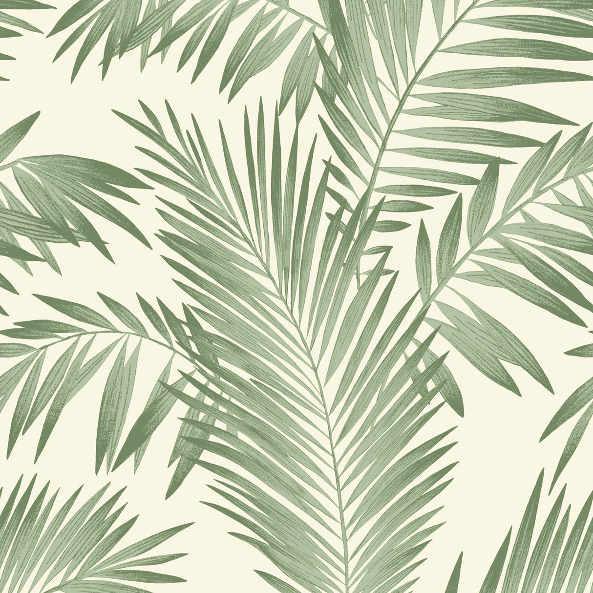 Cecil Green Tropical Wallpaper by Arthouse featuring layered palm leaves on a cream background