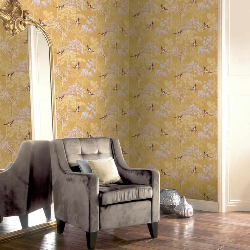 Asuka Yellow by Arthouse Sparrow Forest Wallpaper – Brewster AH908002