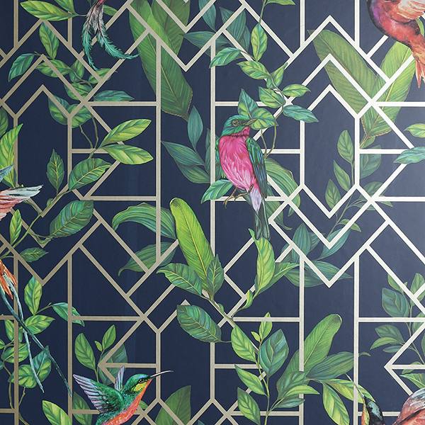 Thelma Navy Tropical Deco Wallpaper by Arthouse with birds and geometric trellis