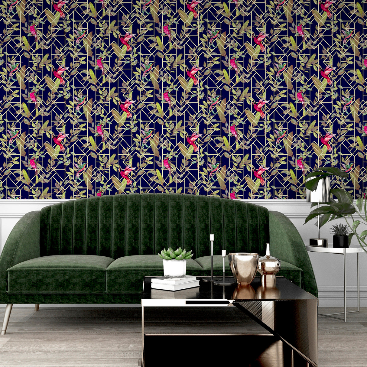 Thelma Navy by Arthouse Tropical Deco Wallpaper – Brewster Home Fashions AH908003