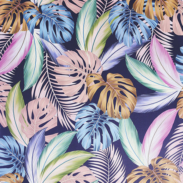 Vivette Multicolor Hot Tropic Wallpaper swatch with neon palm leaves on navy