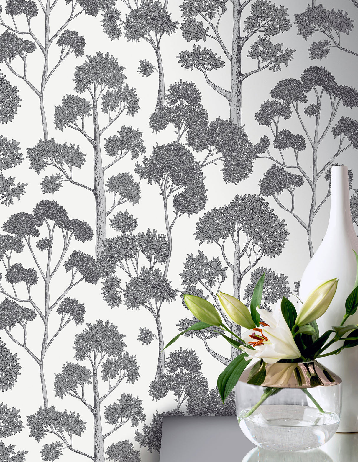 Blanche Silver Trees by Arthouse Botanical Wallpaper – Brewster AH909505