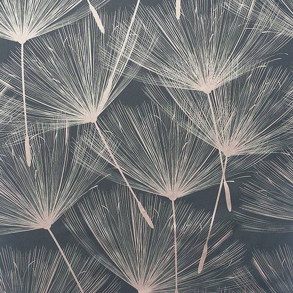 Kazue Metallic Dandelion Wallpaper in charcoal with soft metallic plumes