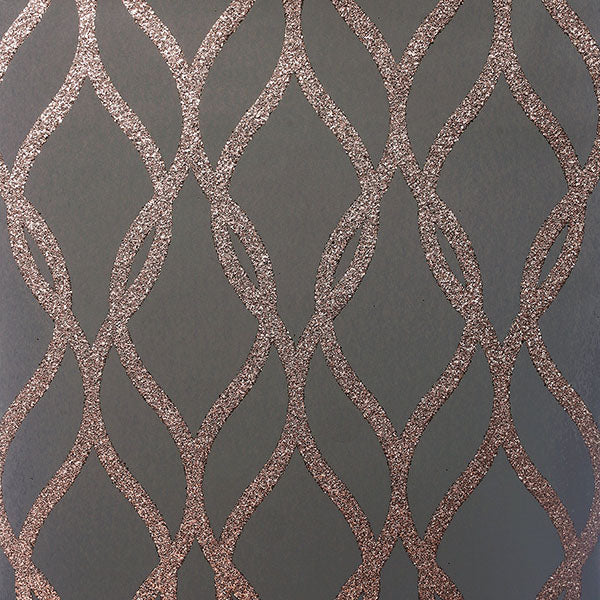 Ava rose gold glittering ogee wallpaper detail showing glittered curves over charcoal background