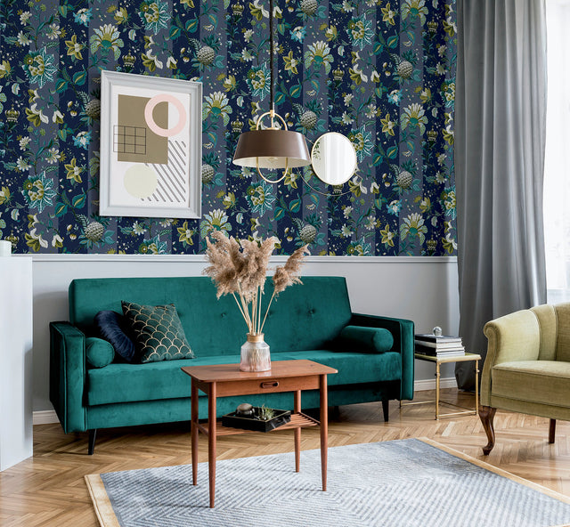 Cornelia Navy by Arthouse Floral Stripe Wallpaper – Brewster Home Fashions AH922801